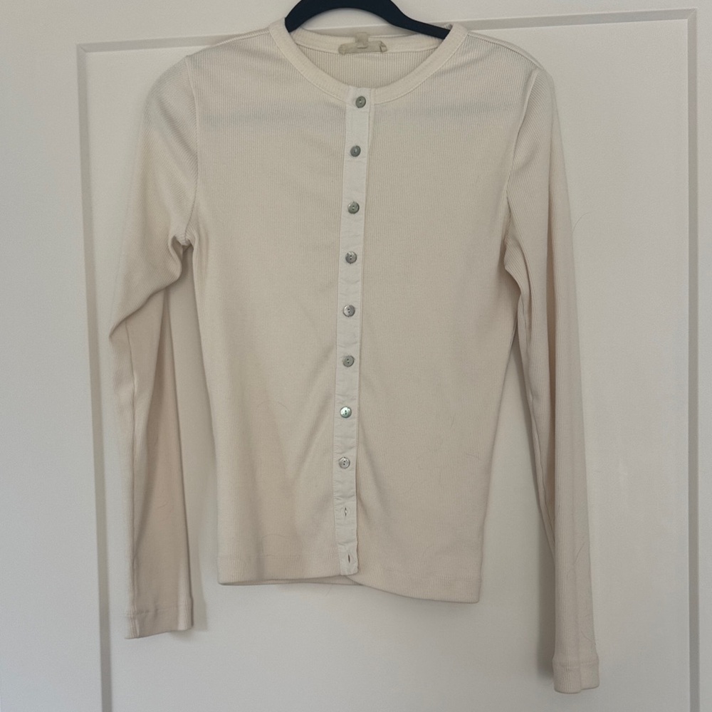 Crewneck Button-Front Long Sleeve Top — Cream